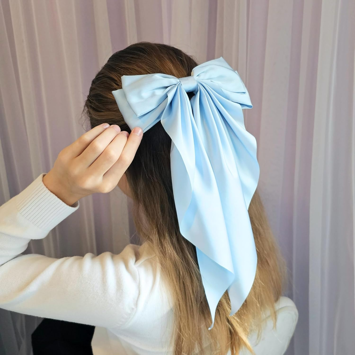 Silky Satin Hair Clips with Long Ribbon Big Bows Long Satin Bows with Ponytail Big Silky Bow for Girls Ponytail Accessories Wedding Hair Accessories for Women and Girls image number 3