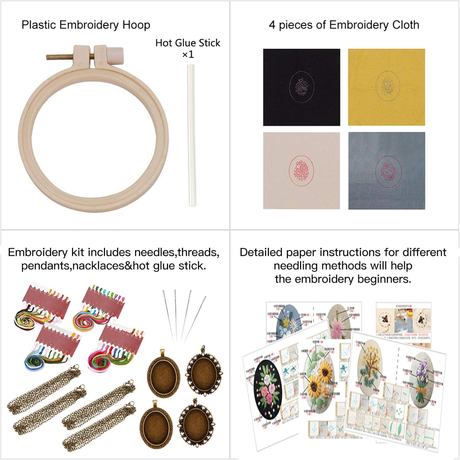 ZOCONE 4 Packs Embroidery Necklace Kit, Embroidery Pendant Kit Mini Cross Stitch Kit with Hoop, Necklace, Pendant, Stamped Pattern Cloth, Instructions, Etc., Embroidery Kit for Adults - Clear image number 5