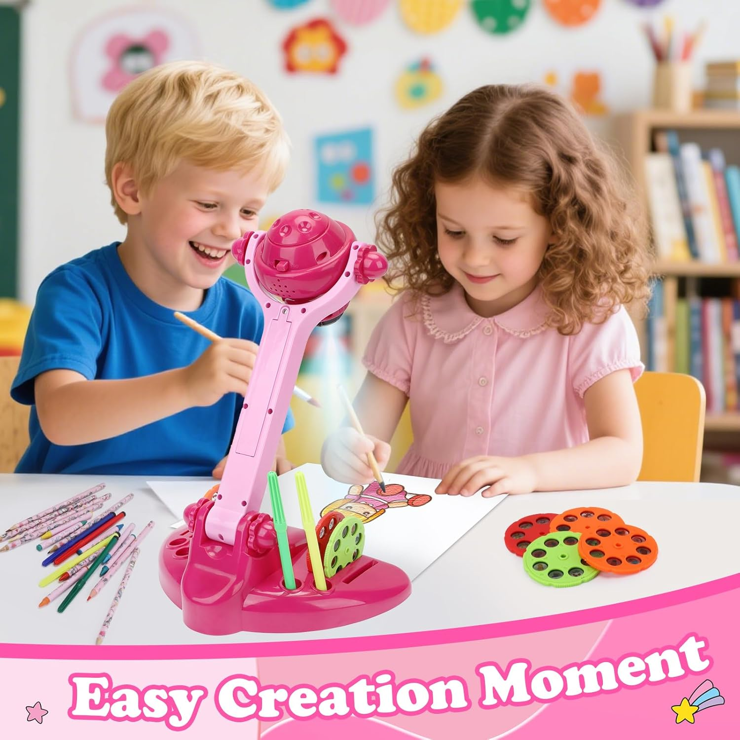 Drawing Projector for Kids, Art and Craft Kit, Toys for Girls Aged 3+, Including Colored Pencils, Crayons, Coloring Books 3+ Year Old Girls (Pink Drawing Kit V2) image number 2