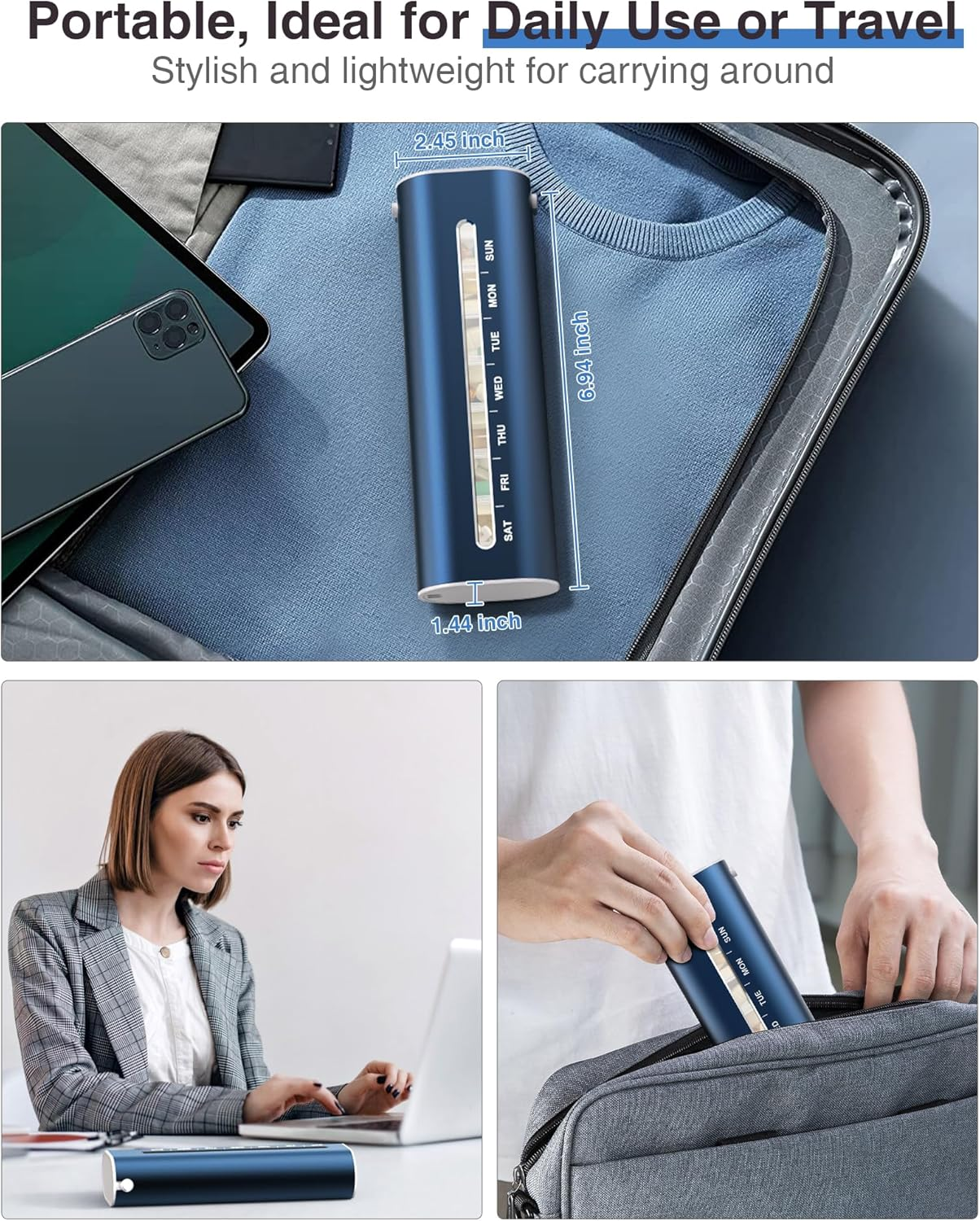 Zannaki Metal Weekly Pill Organizer, Aluminum Daily Pill Box, 7 Day Portable Travel Pill Case, Large Capacity Pill Holder Container for Pills, Medicines, Vitamins, Fish Oil, Supplements, Dark Blue image number 2