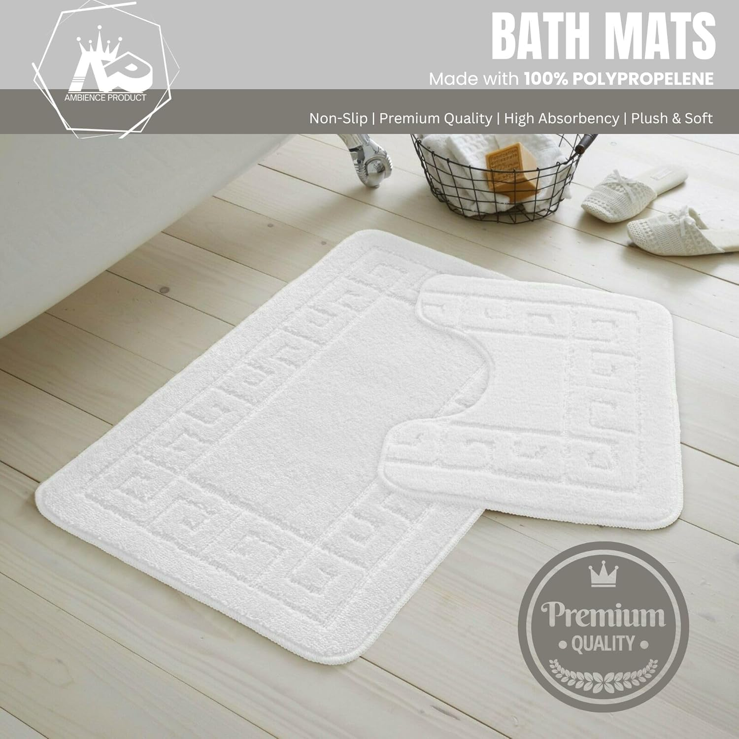 Ambience Products Greek Key Pattern Bath Mats 2 Piece Sets Non Slip Bathroom Mat, Soft Washable Rug Quick Dry Water Absorbent Bathroom Shower Mat & Pedestal Set (White) - Charcoal image number 2