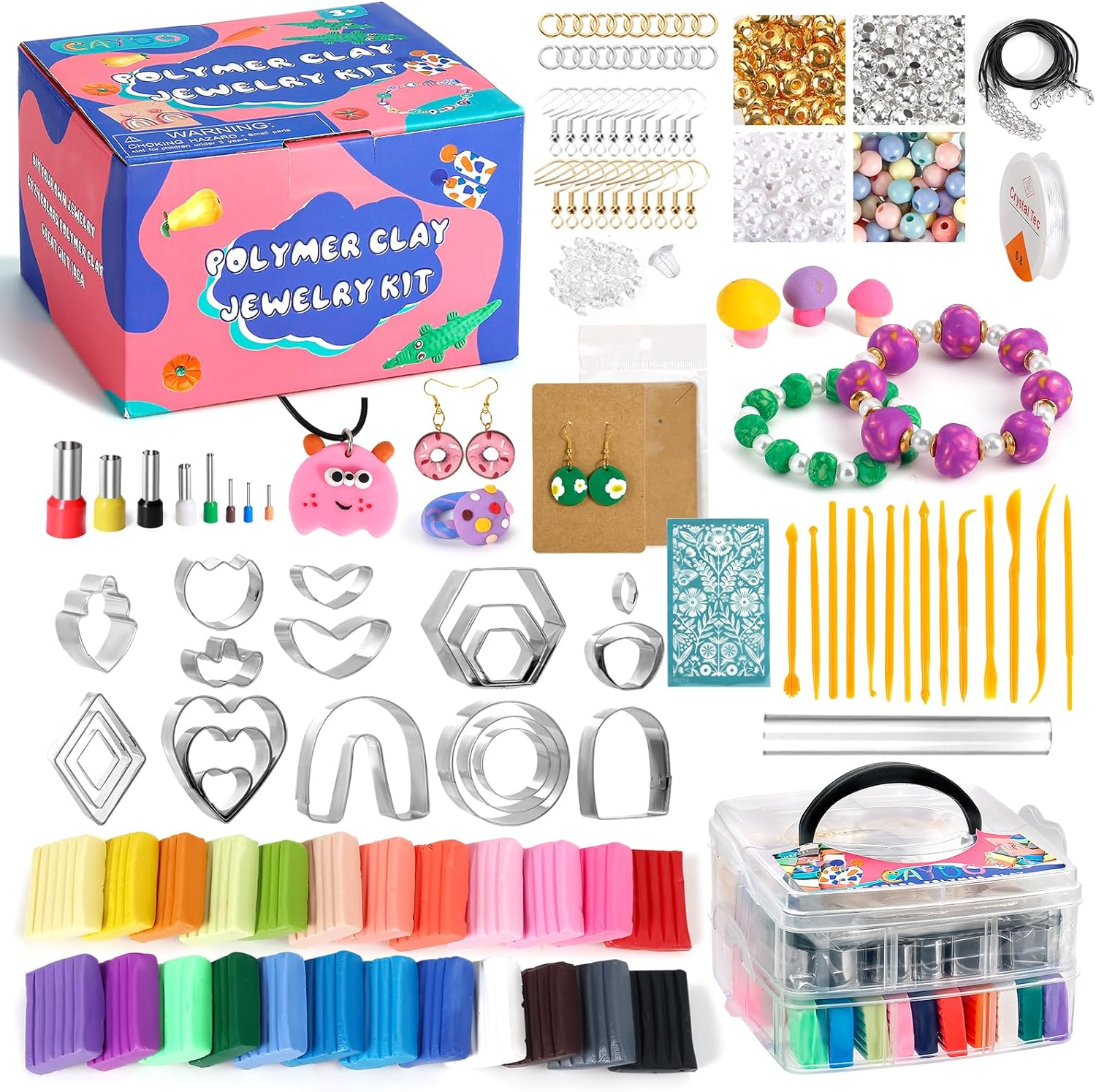 Caydo 587PCS Polymer Clay Jewelry Kit with 2 Layer Storage Box, 24 Colors Polymer Clays, Earring Cutters, Earring Accessories, and Clay Tools for Kids and Adults for Jewelry Earring Making image number 4