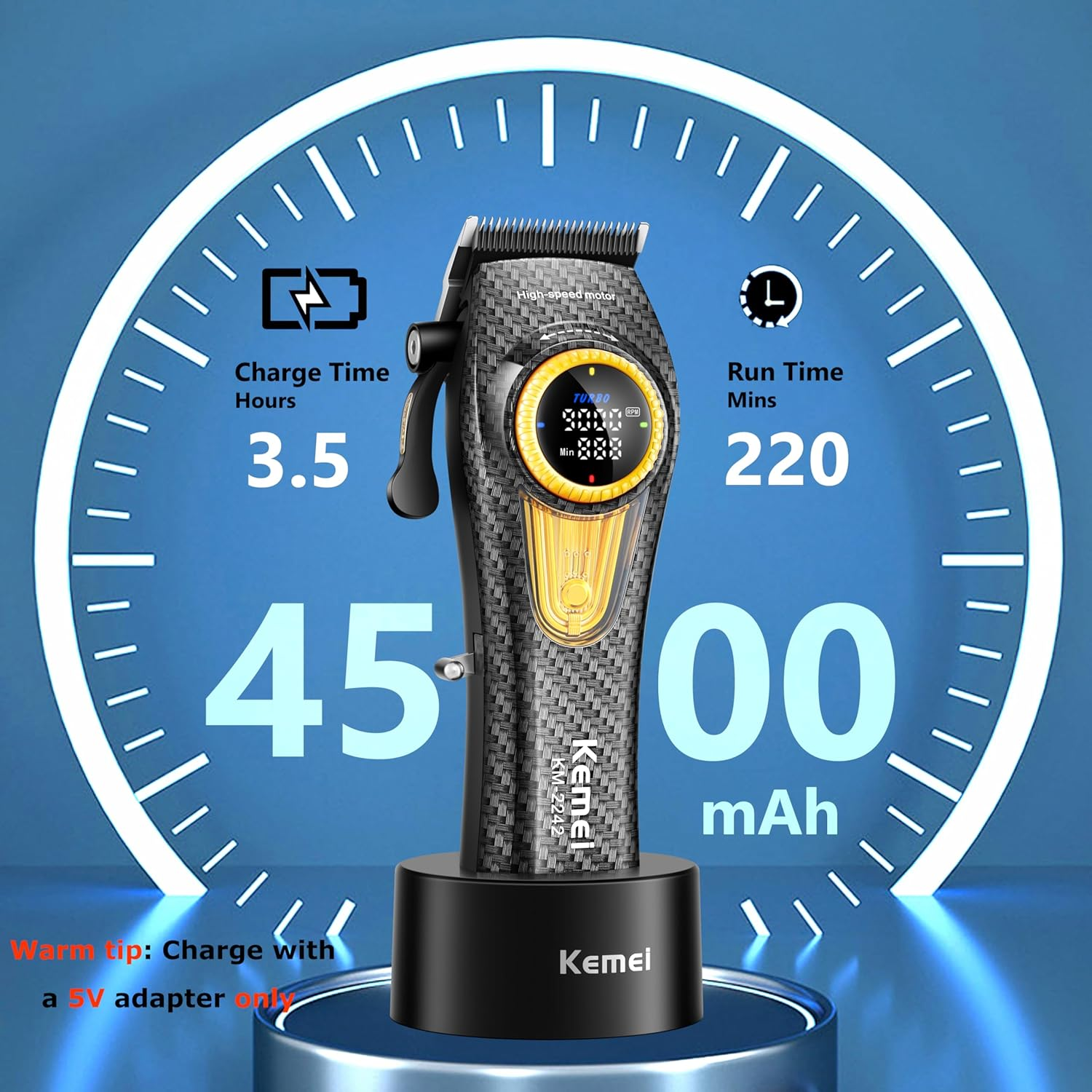 KEMEI 2242 Professional Hair Clippers for Men, Cordless Barber Clipper with LED Display & Charging Base, Hair Cutting Tools, 9000 RPM Super Torque Motor, Black - Blue image number 2