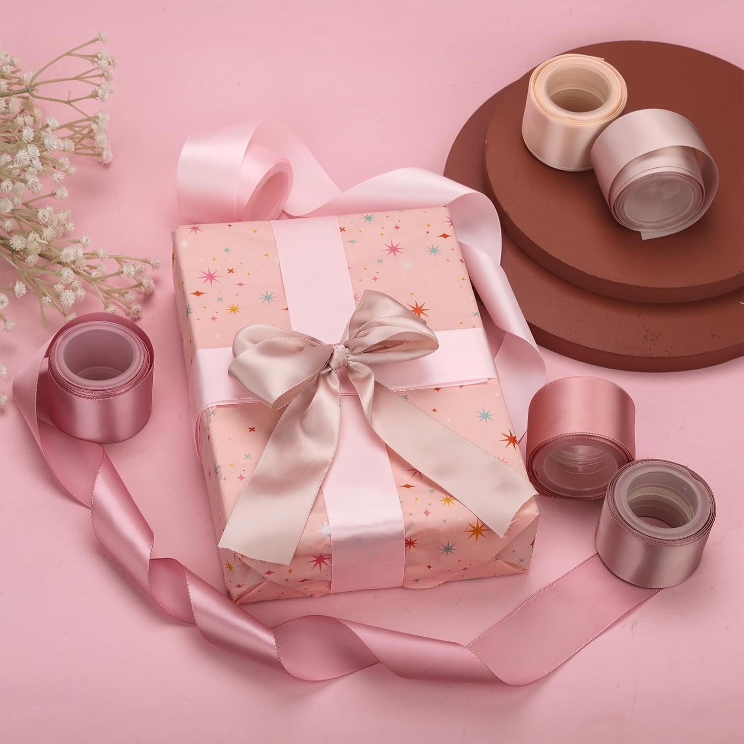 6 Rolls Ribbons for Flower Bouquet, 1.5 Inch X 30 Yards Double Face Satin Ribbon Dusty Rose Wedding Ribbon Pink Silk Ribbon for Gift Wrapping Crafts Wedding Invitation Parties Baby Shower (6 Colors) image number 5