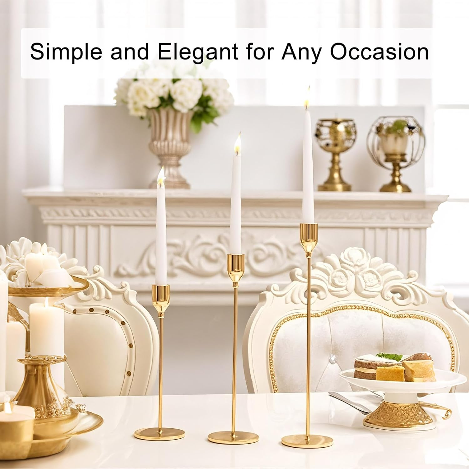 Gold Candle Holders for Pillar Candles - Taper Candlestick Holders Stand for Mantle, Dining Table Centerpiece, Tall Candle Sticks Holder Decor for Wedding, Christmas, Elegant and Sturdy (3 Pcs)