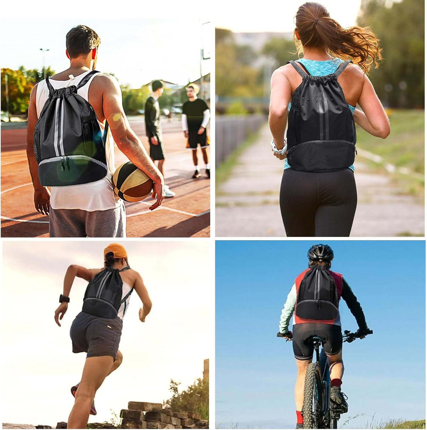 Sports Drawstring Backpack - String Swim Gym Bag for Women Men (Zipper/Shoe Compartment/Wet Pocket/Mesh/Water Resistant) Lightweight String Bag for Travel Soccer Swim, Black image number 1