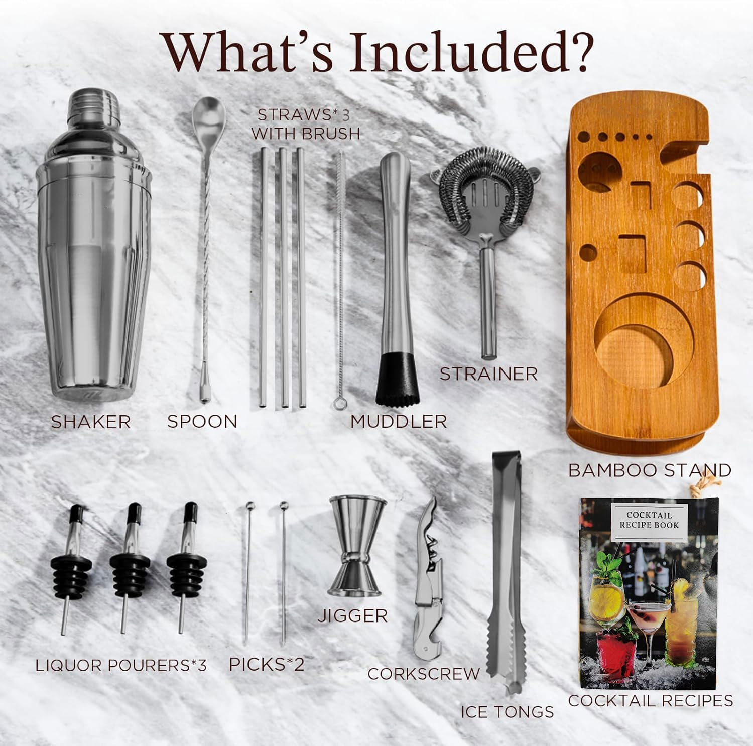 Cocktail Shaker Set Bartender Kit with Stand | Bar Set Drink Mixer Set with All Essential Bar Accessory Tools: Martini Shaker, Jigger, Strainer, Mixer Spoon, Muddler, Liquor Pourers (Black) image number 6