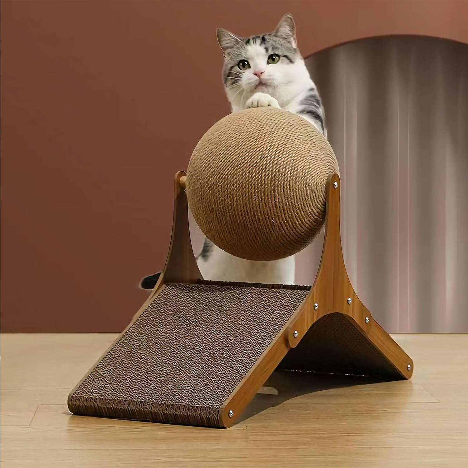 Cat Scratcher Ball, Natural Sisal Cat Scratching Toy with Ball for Cats & Kittens & Dogs & Puppy, Interactive Solid Wood Scratcher Pet Toy image number 1