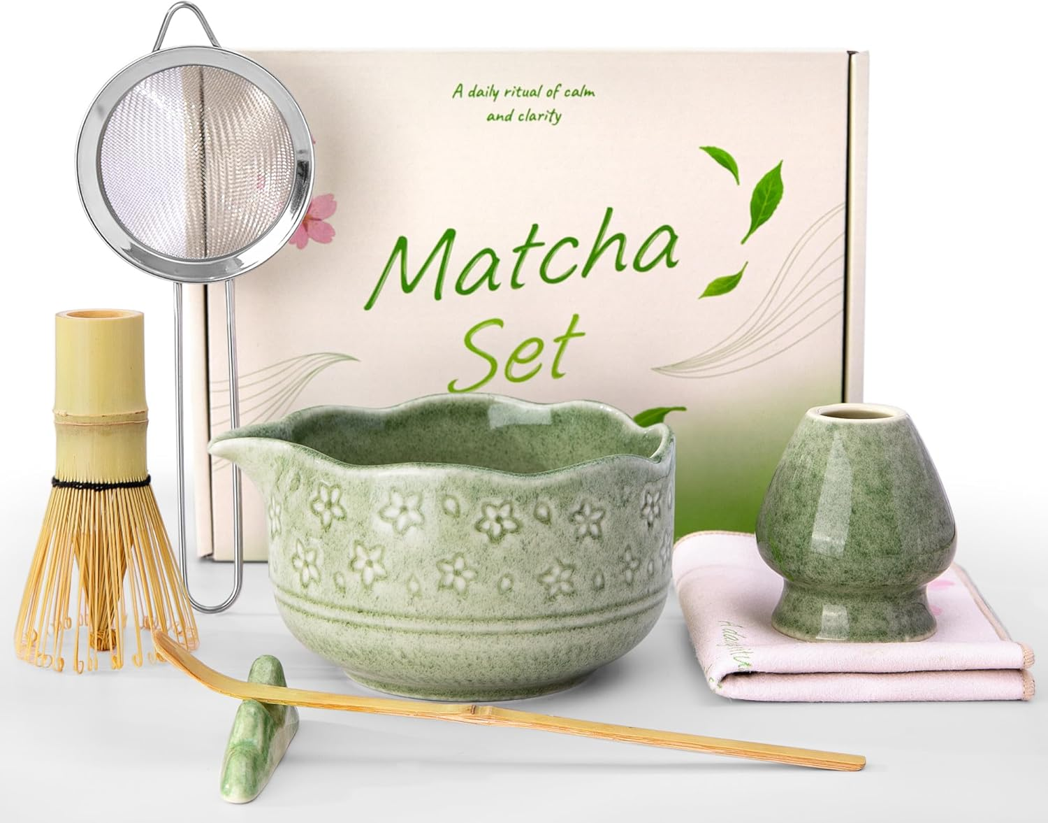 Matcha Whisk Set, 7 Pcs Ceramic Matcha Kit for Traditional Tea Ceremony, with Handmade Spout Bowl, Bamboo Scoop and Rest, Whisk, Chasen Holder, Sifter, Tea Towel, Unique Gifts for Matcha Lovers, Green image number 1