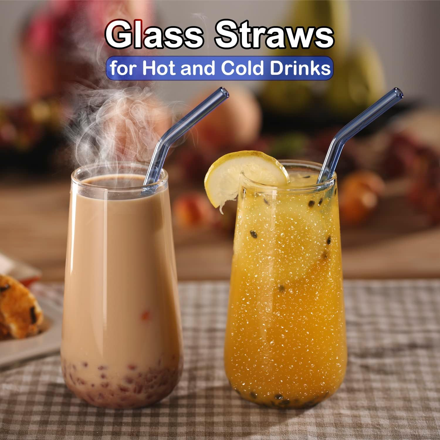 Reusable Straws Glass Straws Blue: Glass Straws Drinking Reusable Glass Straws Bent 8Mm 9 Inch Long 4 Pack Glass Drinking Straws image number 1