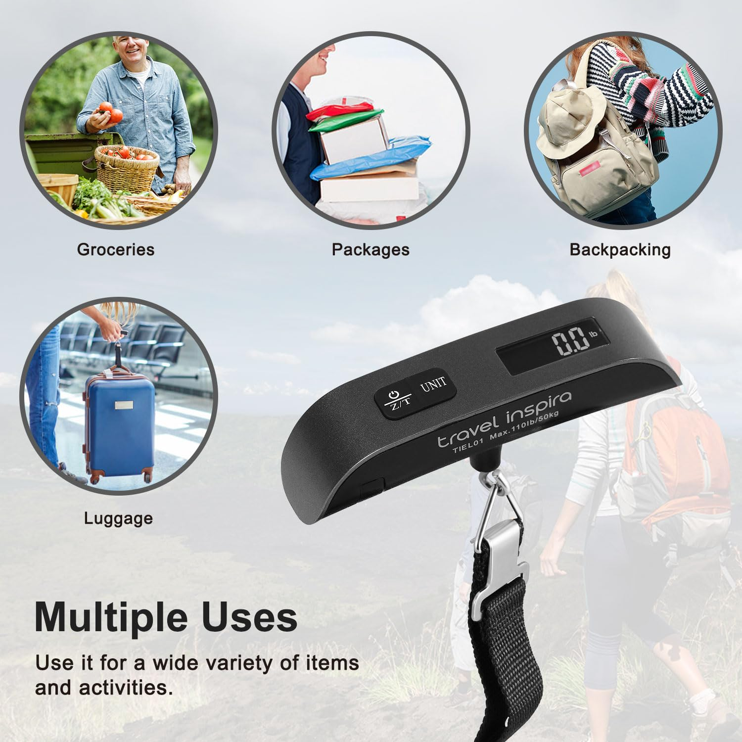 Travel Inspira Luggage Scale, Portable Digital Hanging Baggage Scale for Travel, Suitcase Weight Scale with Rubber Paint, 110 Pounds, Battery Included - Black (Black) image number 1