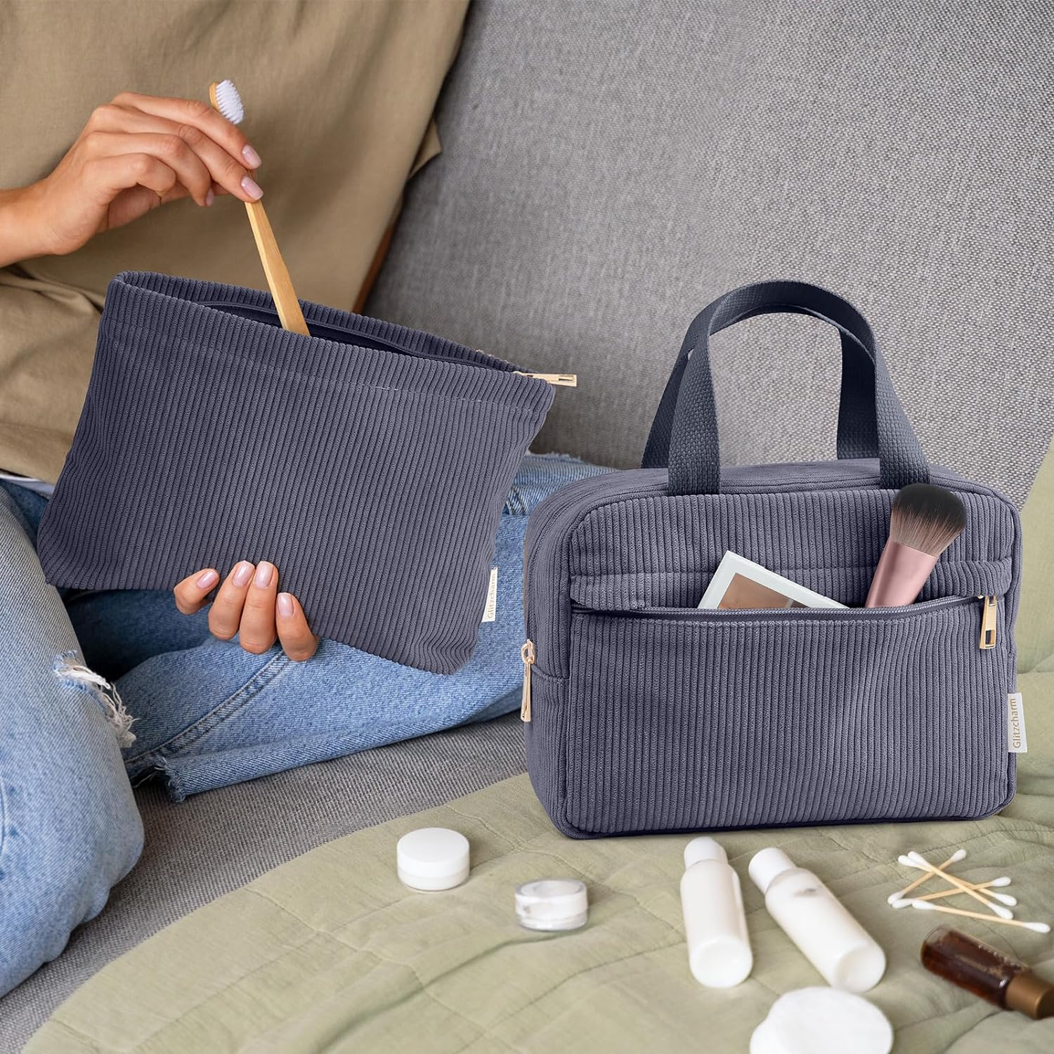 Cosmetic Bag Corduroy Makeup Bag, 2 Pcs Make up Bags Women Large Travel Cosmetic Bag Portable Makeup Bag with Handle for Girls Women(Gray)