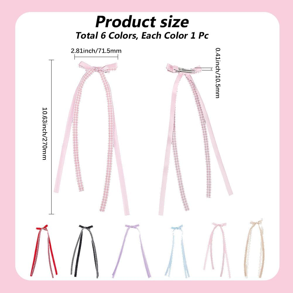CABODYALS 6Pcs 6 Colorus Bowknots Hair Alligator Clips with Long Tails Plaid Bows Ponytail Holder Slides French Barrette Cute Tassels Sweet Ribbon Clip for Women Head Decorations Styling Accessories image number 2