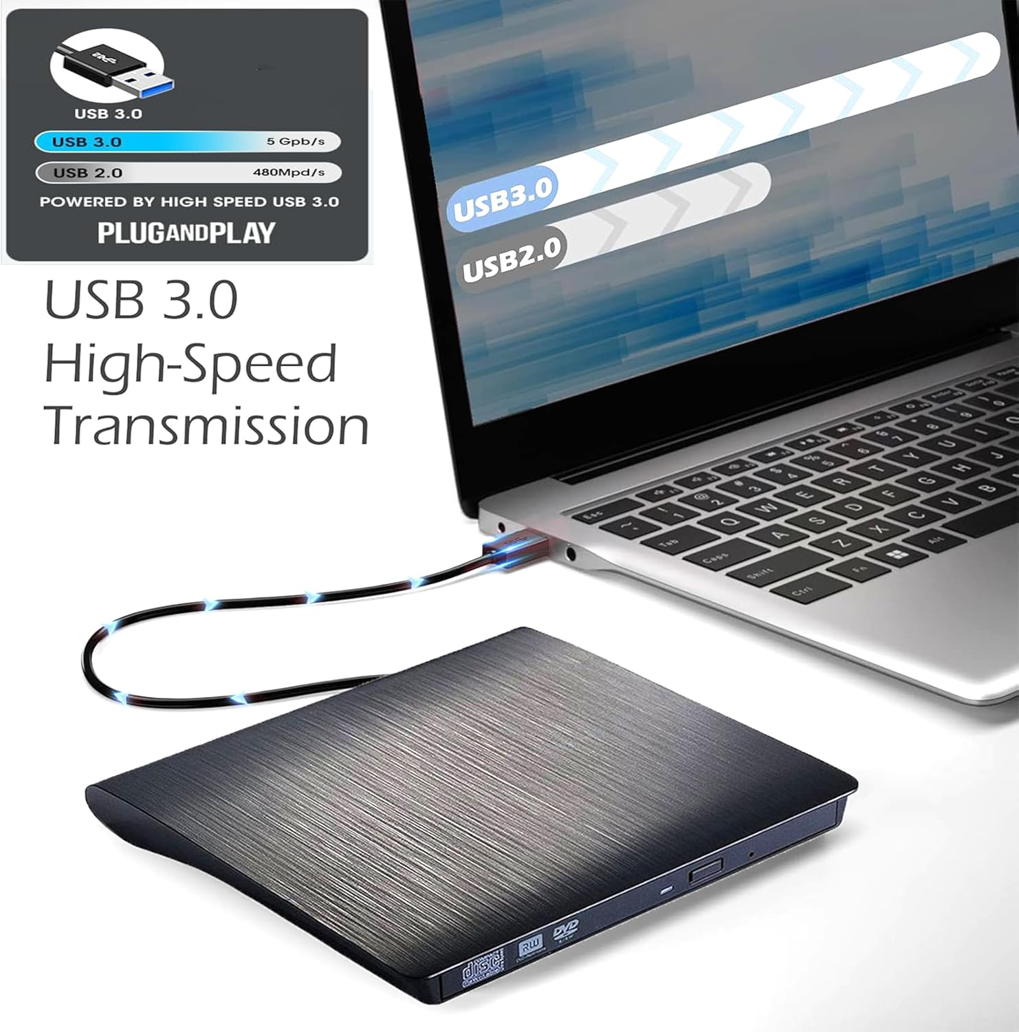 Antika External DVD Drive USB 3.0 TD Burner Portable CD +/-RW Drive DVD Player for ROM Rewriter Burner Compatible with Laptop Desktop PC Windows Macbook Linux Mac OS