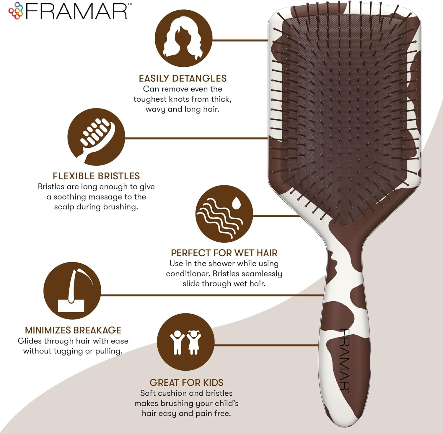 FRAMAR Paddle Hair Brush Detangler, Detangling Hairbrush for Women, Wet Hair Brush for Girls, Hair Detangler Brush, Wet Hairbrush, Hairbrushes, Girls Hairbrush Detangler, Reduces Frizz &ndash; Cow Print image number 4