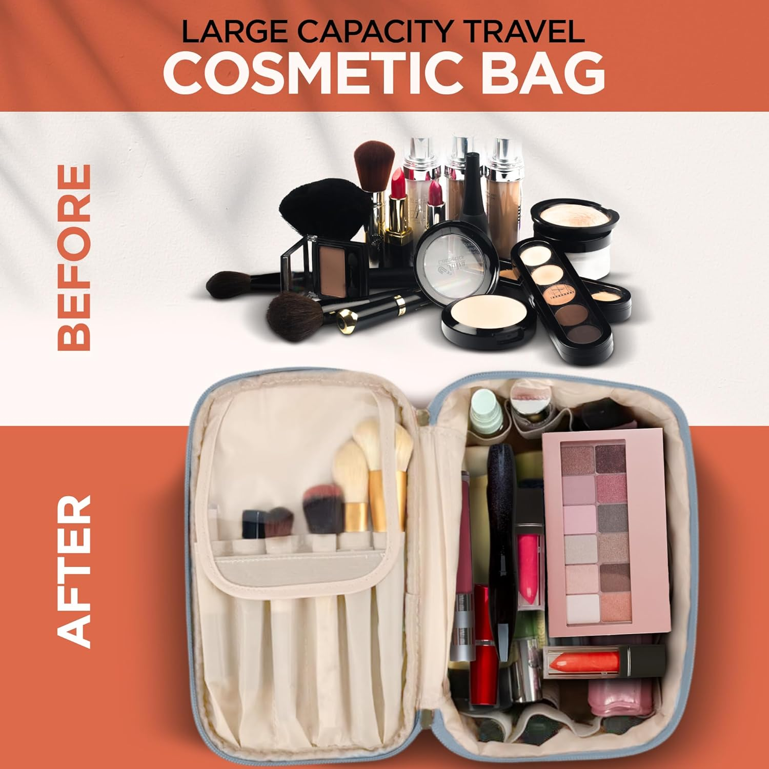 Leesh & CO Makeup Bag - Large Travel Cosmetic Organizer with Brush Holders for Women - Eco-Friendly Vegan Leather, Waterproof & Durable Cosmetics Bag - Perfect for Toiletries, Beauty Products (Blue) image number 6