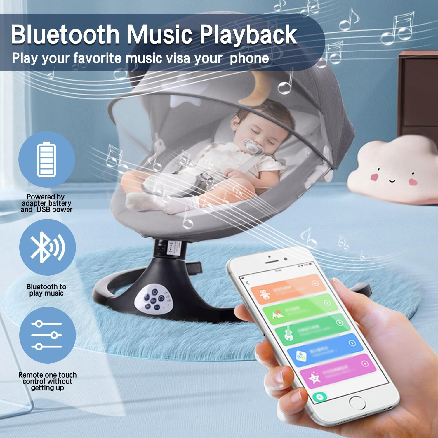 Baby Swing for Infants, Portable Baby Rocker with Tray and Remote Control 5 Speed Electric Bluetooth for 5-26 Lbs, 0-12 Months,3 Timer Settings & 10 Pre-Set Lullabies Adjustable Rocking Bouncer Chair (Light Gray) image number 4