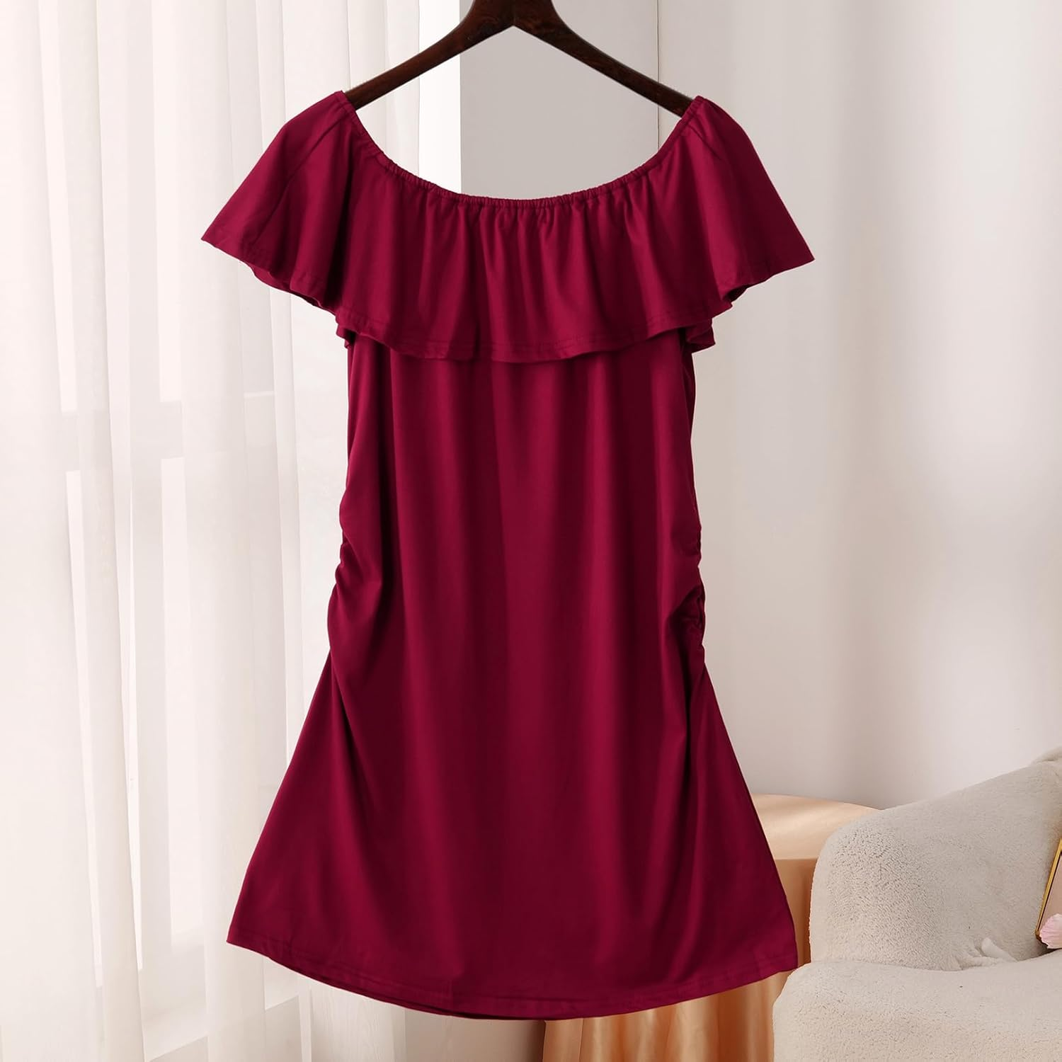 Women'S Ruffle off Shoulder Maternity Dress Knee Length Bodycon for Baby Shower image number 4