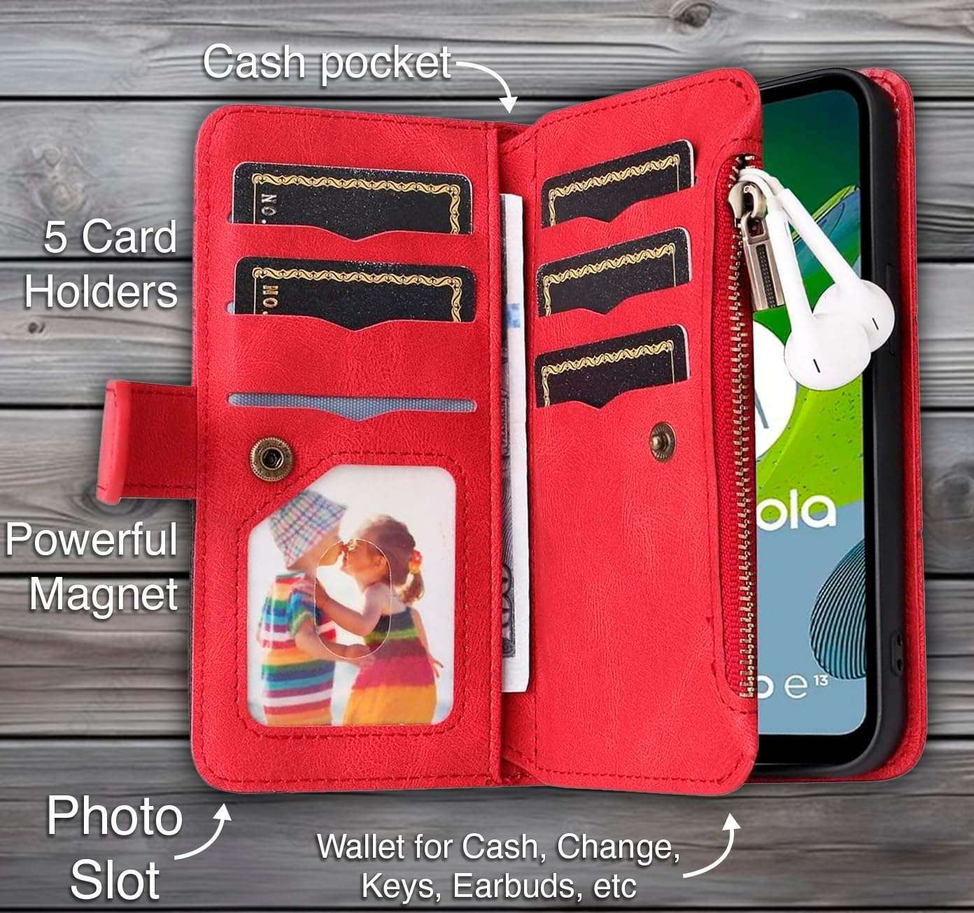 Design Piece of Leather-Like Wallet Phone Case for Samsung S24 Ultra with 5 Card Slots, Zipper Pocket, Kickstand and Magnetic Lock image number 5