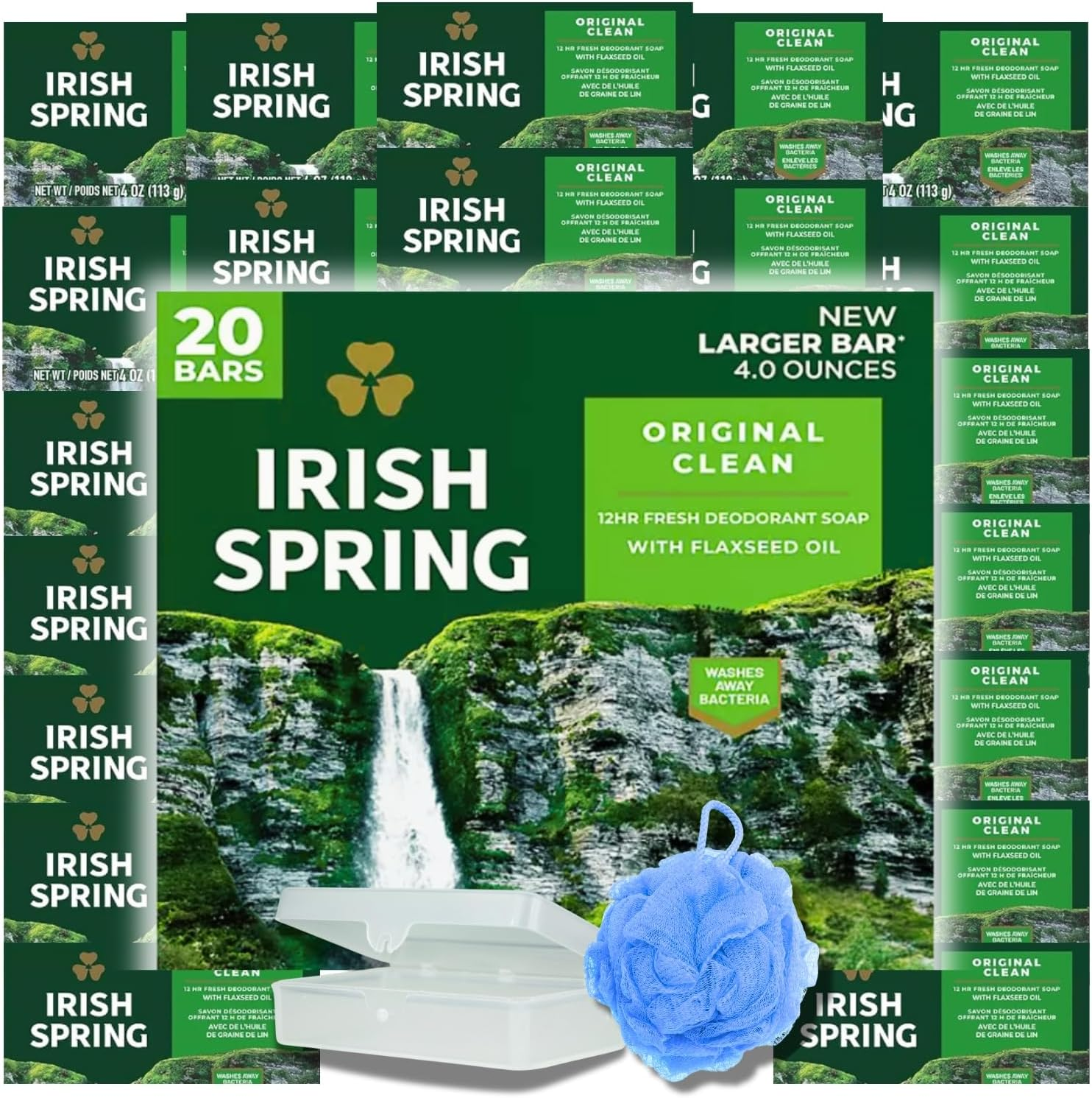 HOME IMPACT Irish Spring Bar Soap (20 PACK) Value Pack - W/Bar Soap Holder & Loofah - Large 4 OZ Soap Bars, Original Clean Body Soap, Mens Bar Soap W/Soap Bar Holder & Loofah Sponge image number 5
