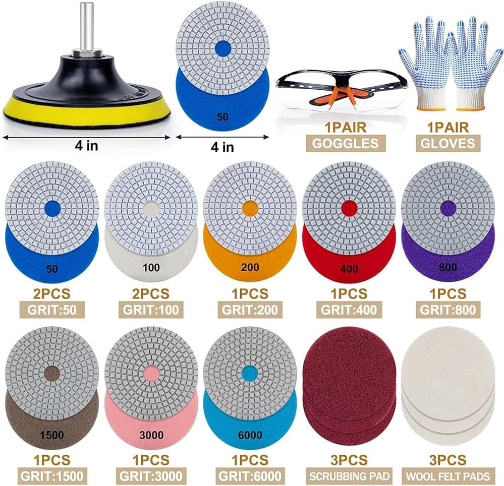 20 Pack 4 Inch Diamond Polishing Pads, Wet/Dry Granite Stone Polish Pad,50-6000 Grit Polishing Pads for Marble, 5/8&rsquo;&rsquo;-11 Backer Pad, Fit for Concrete Marble Rock Countertop Quartz image number 2