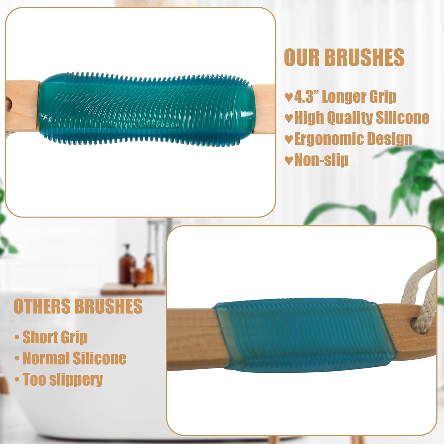 OWIIZI Back Scrubber for Shower with Soft and Stiff Boar Bristles Dual-Sided Wooden Long Handle Antiskid Body Bath Brush for Back Use Wet or Dry,Deep Cleanse Large Surface Back Scrub Brush