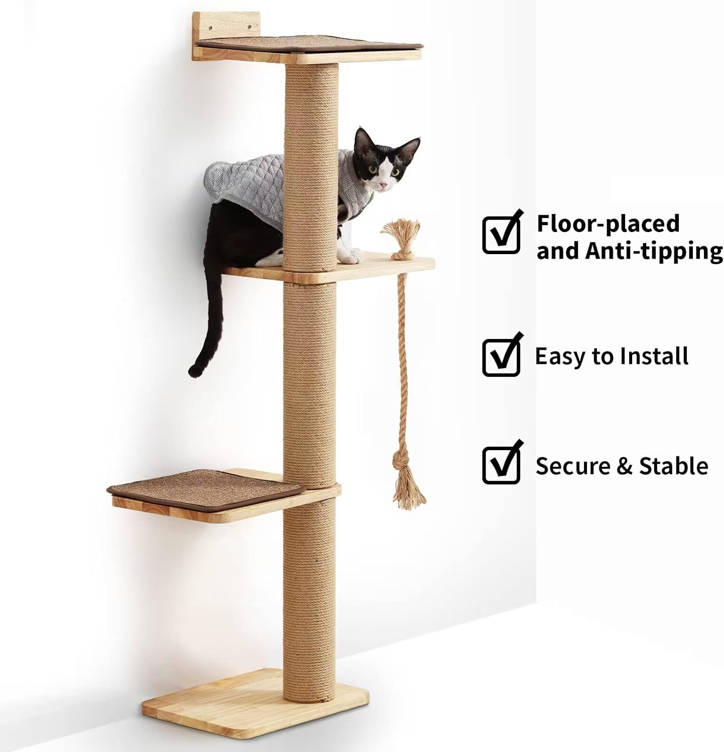 FUKUMARU Cat Scratching Activity Tree Wall Mounted, 50 Inch Scratch Post for Large Cats, with Bed, Rubber Wood Scratcher Posts Kittens, Brown (CP03) image number 2