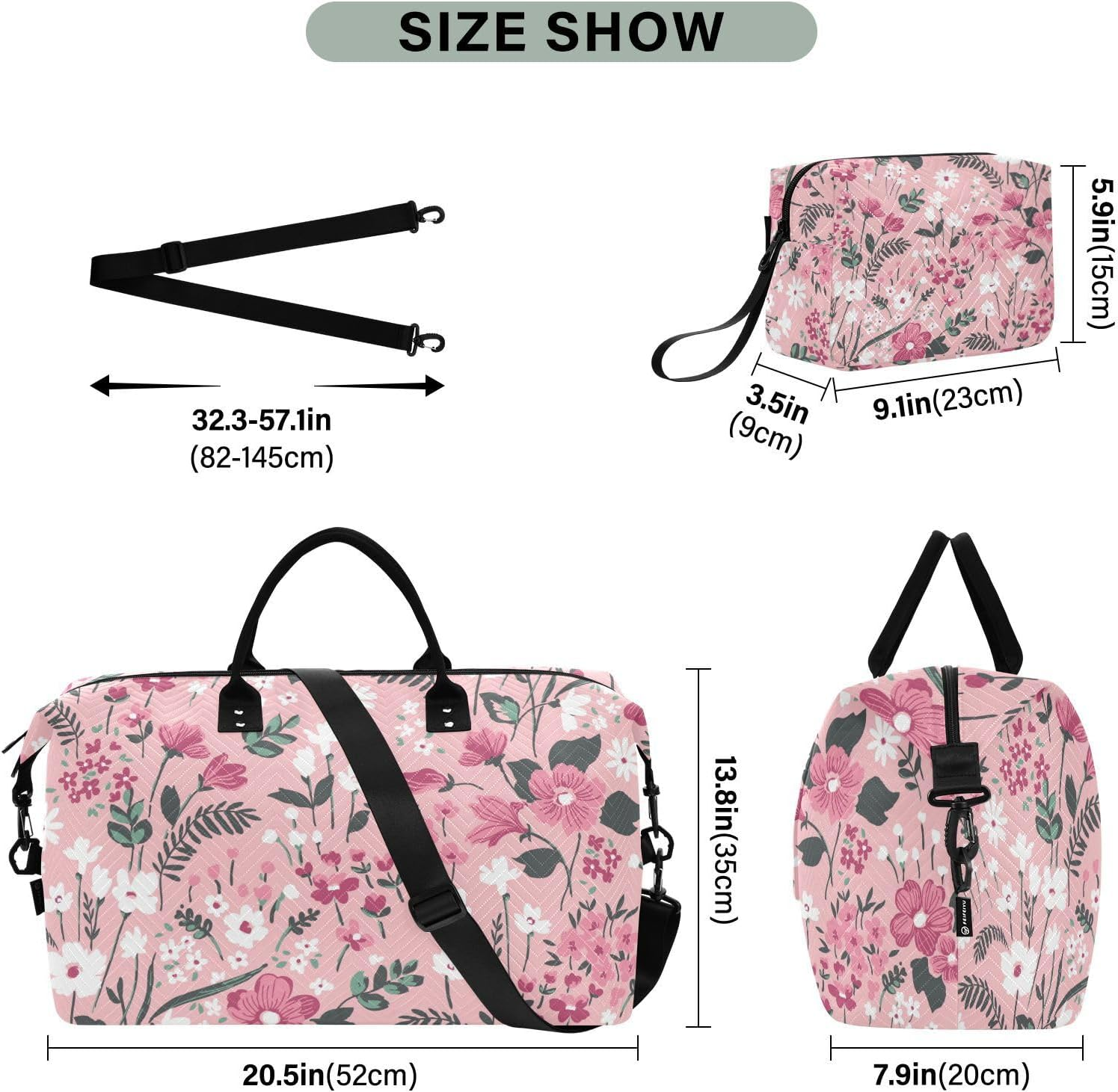 Luggage Travel Bag Overnight Bag Trendy Floral Mid Century Modern Tote Bag with Adjustable Strap for Gym Waterproof, Trendy Seamless Floral Mid Century Modern, Set of 2, Art Deco image number 1