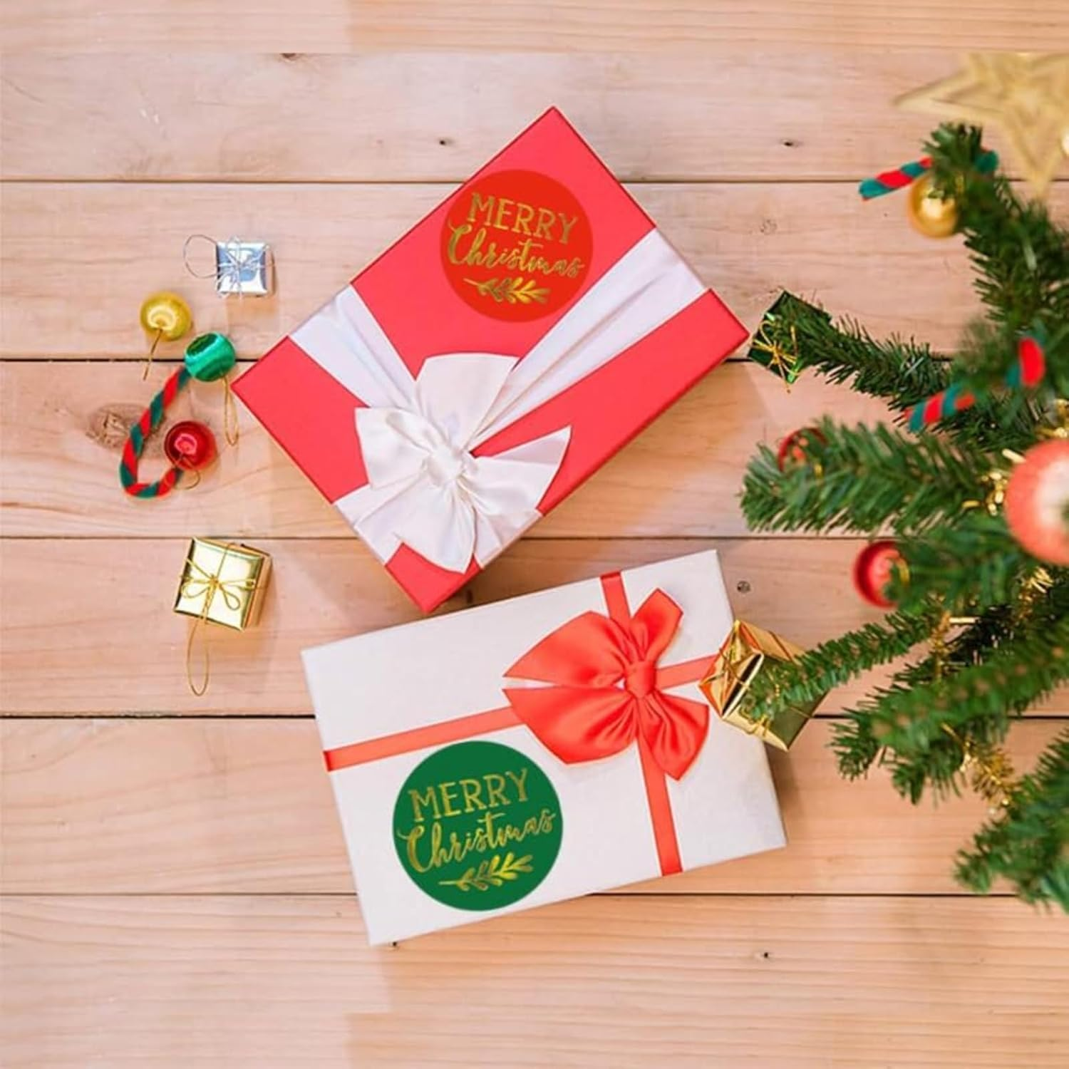 1 Roll Gold Foil Merry Christmas Stickers, Red, Green & White Envelope Seal Labels for Gift Wrapping, Holiday Cards, and Party Decorations
