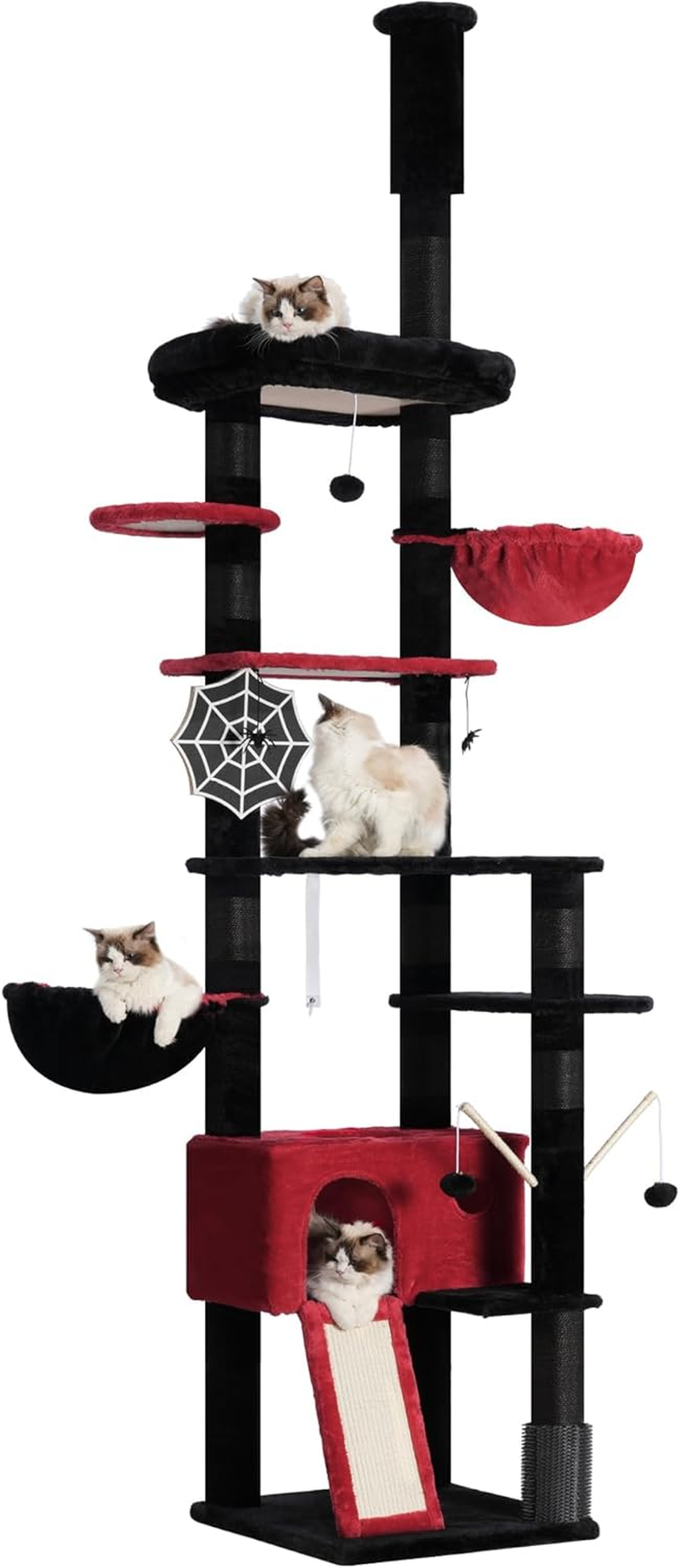 Hey-Brother Gothic Cat Tree, 98.4-110.2 Inches Floor to Ceiling Cat Tree-Adjustable Height, Tall Cat Climbing Tower for Cats Large Adult with Scratching Post, Cat Cando, Black and Red 0MPJ091BR