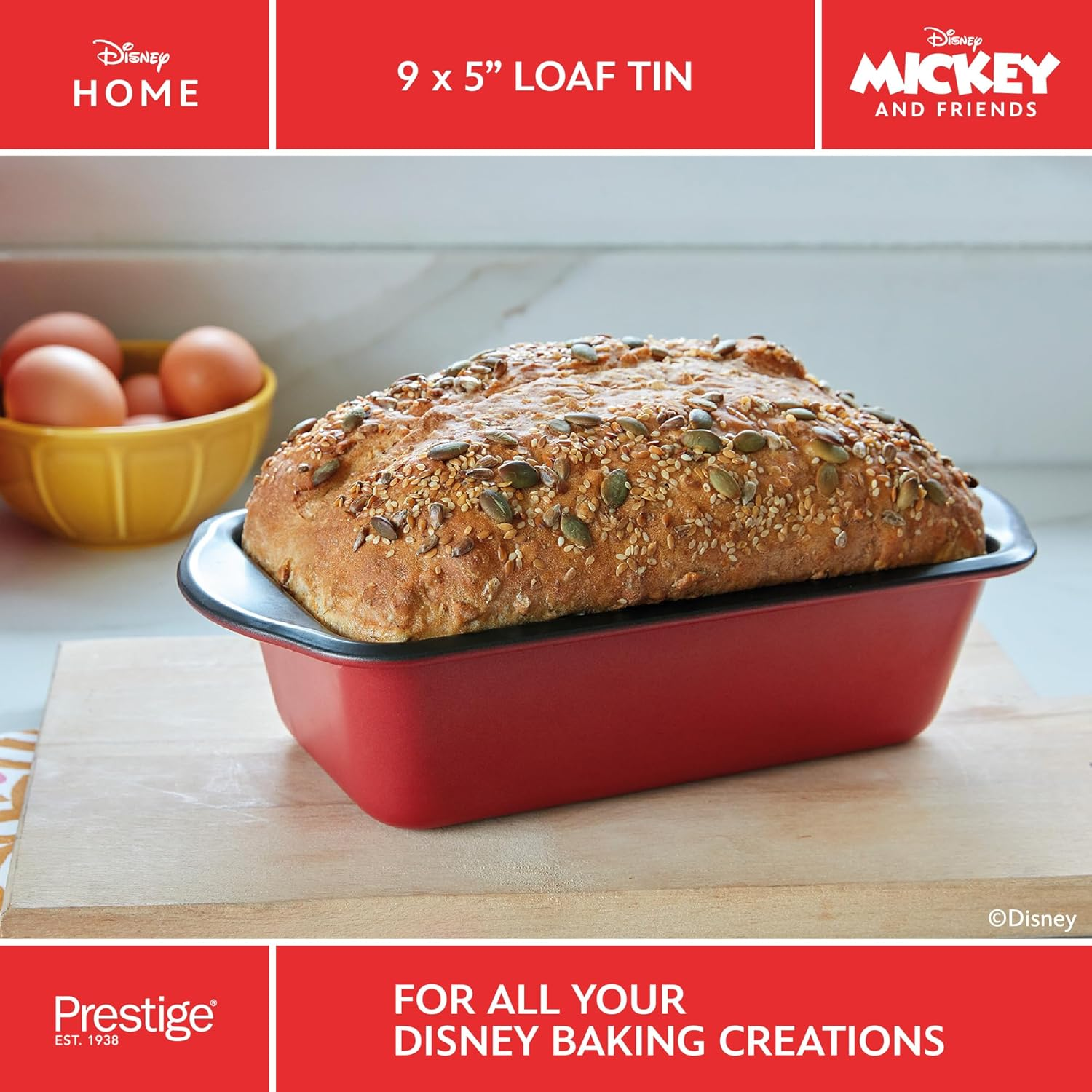 Prestige New Disney Bake with Mickey Mouse 9 Inch Loaf Tin - Non Stick Loaf Tins for Baking 23Cm X 13Cm, Carbon Steel Bakeware, Red & Black image number 1