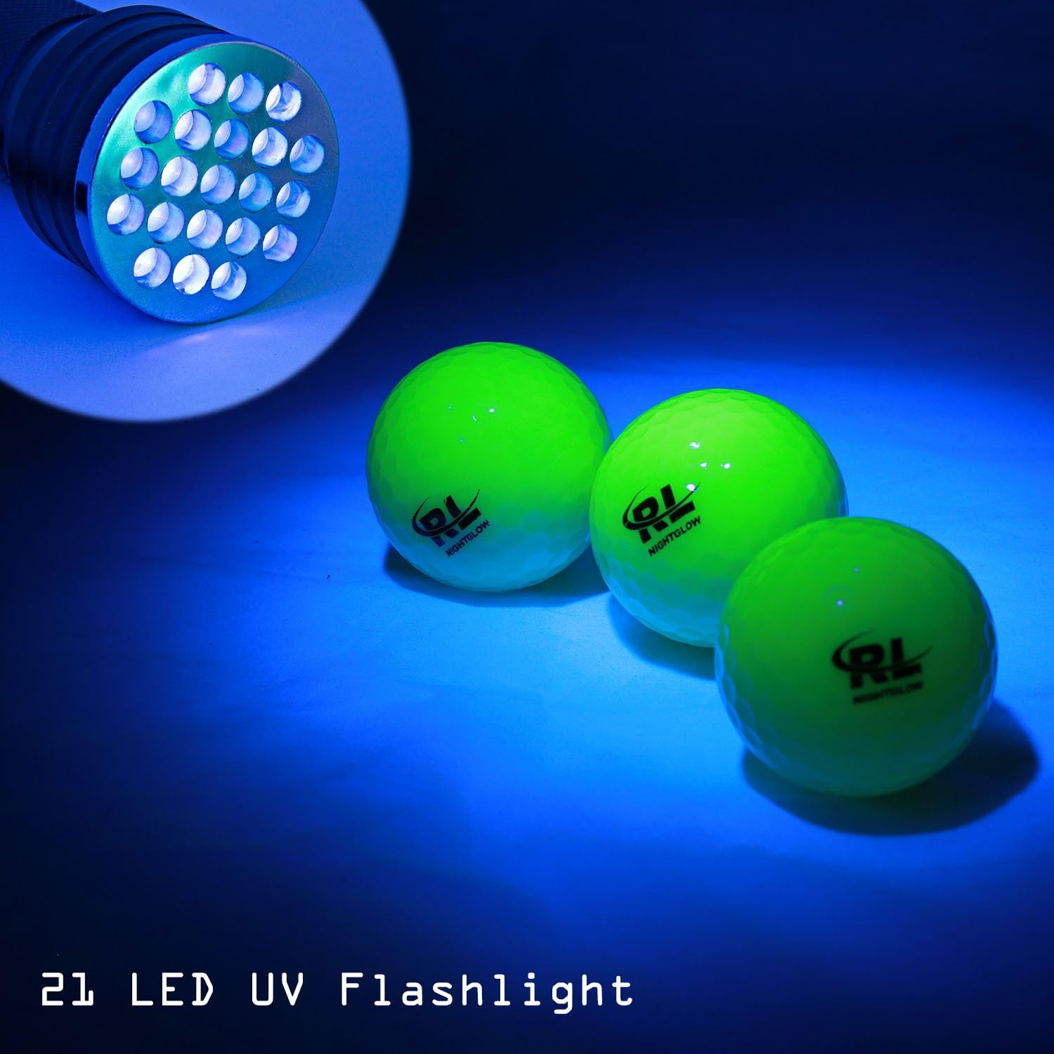 R&L Night Golf Balls Glow in the Dark - Best Hitting Tournament Fluorescent Golf Ball- Long Lasting Bright Luminous Balls Rechargeable with Any Flashlight - NO LED Inside - 3 Pack + Flashlight image number 3