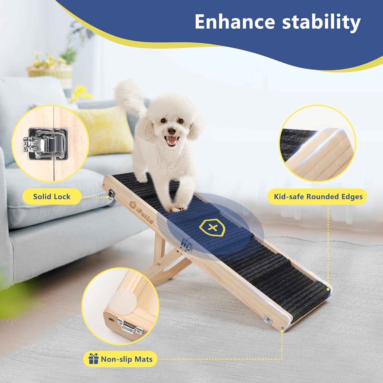 Ipetba Adjustable Dog Ramp Folding Portable Wooden Pet Ramp for Small Dogs 31.5" Long from 9.5" to 18.5" with Non-Slip 5 Paw Traction Mat Doggie Cat Ramps for Bed Car Sofa Couch (Up to 50 Lbs) image number 5
