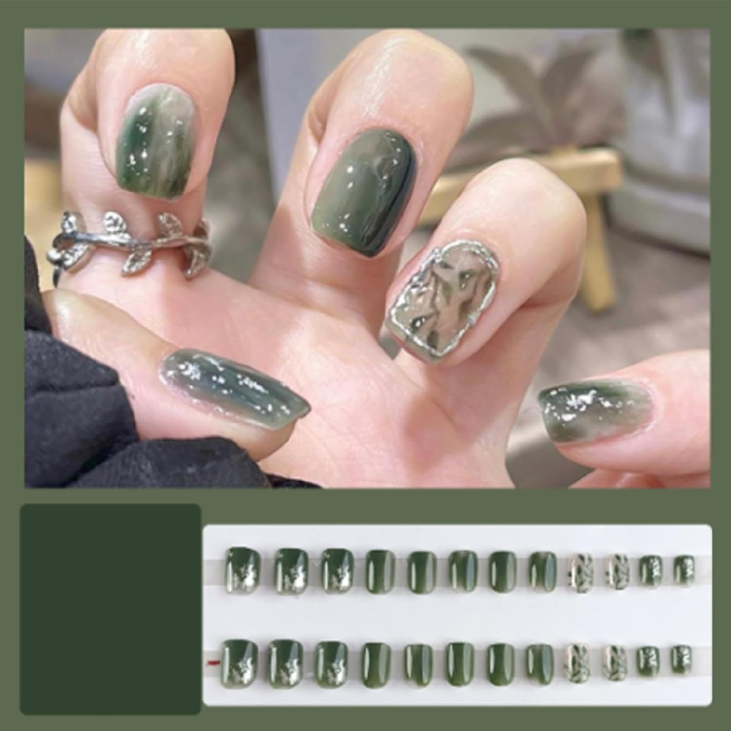 Aikeis 24 Pieces Green Leaves Green Branch Short Oval Nail Stickers Ink Art Design Fake Nails for Women Full Cover Nails Short Nails image number 6
