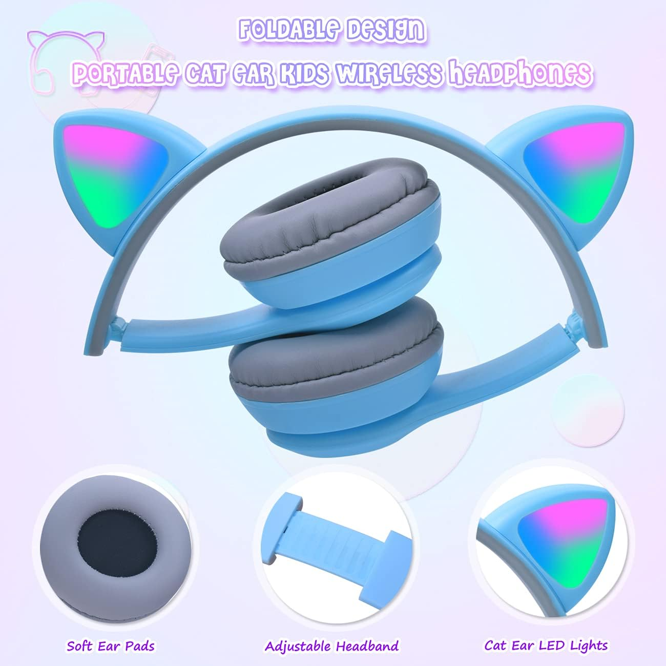 Megadream Children'S Cat Ears Headphones, Bluetooth Headphones, LED Light up Children'S Wireless Foldable Headset, over Ear for Girls/Boys Age 8+ (Blue) image number 1