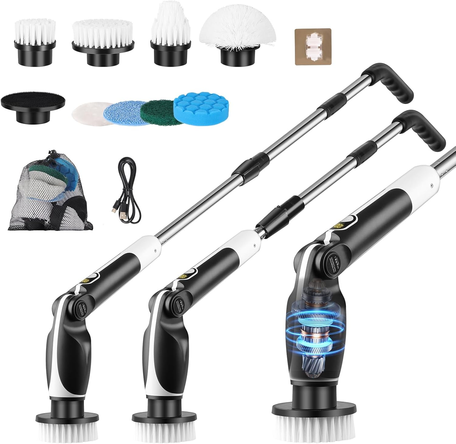 Electric Pin Scrubber: Cordless Electric Cleaning Brush with 9 Replaceable Brush Heads, 3 Speed Shower Power Scrubber with Adjustable Handle, for Floor Wall Tile Car Sink Shower Tub Bathroom image number 5