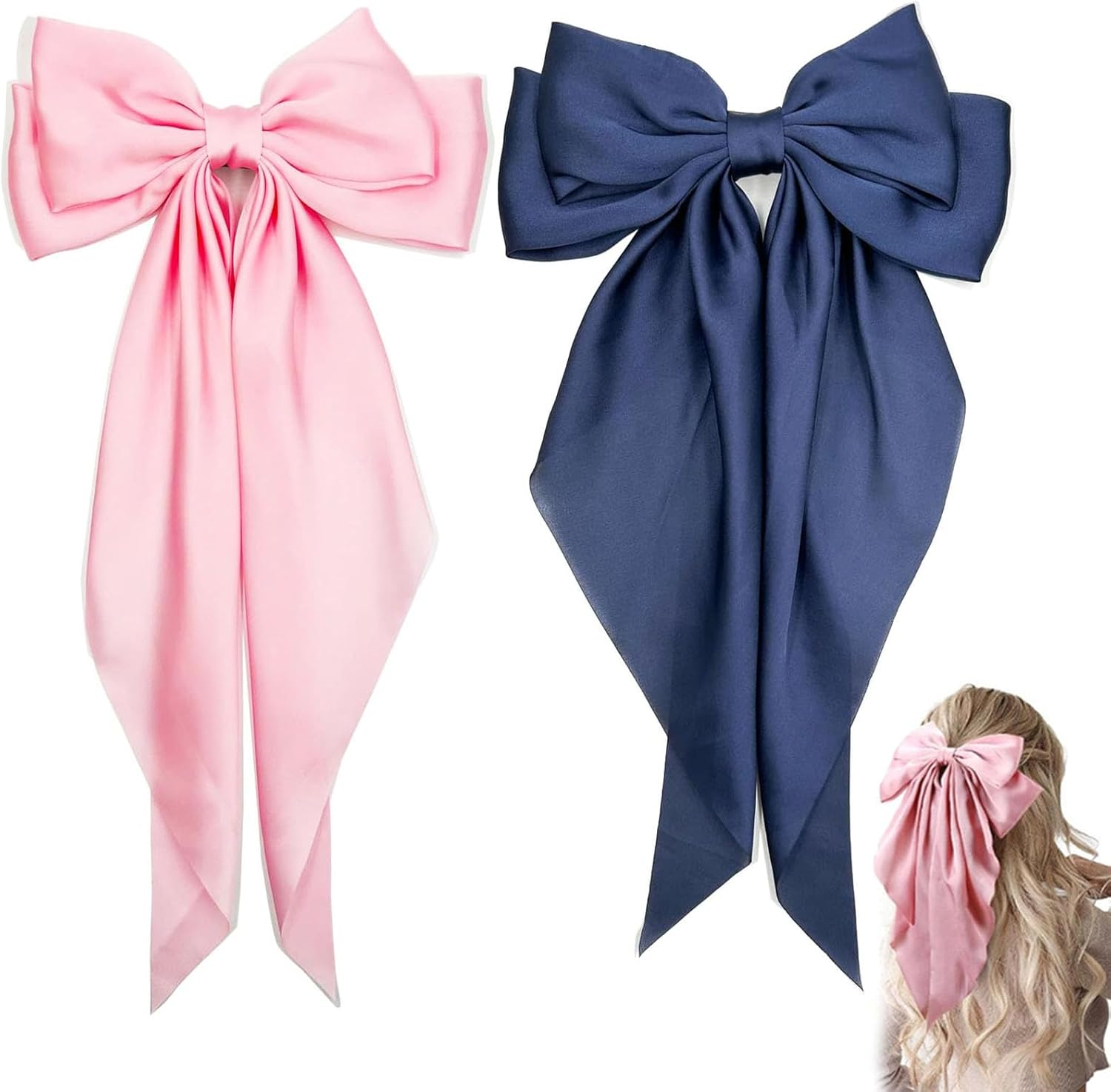 Bow Hair Clips Solid Color Bow French Automatic Hair Clip with Long Silky Satin Tail Large Bows for Simple Women Girls Barrettes Hair Fastener Accessorie (White-Dark Blue, 2)