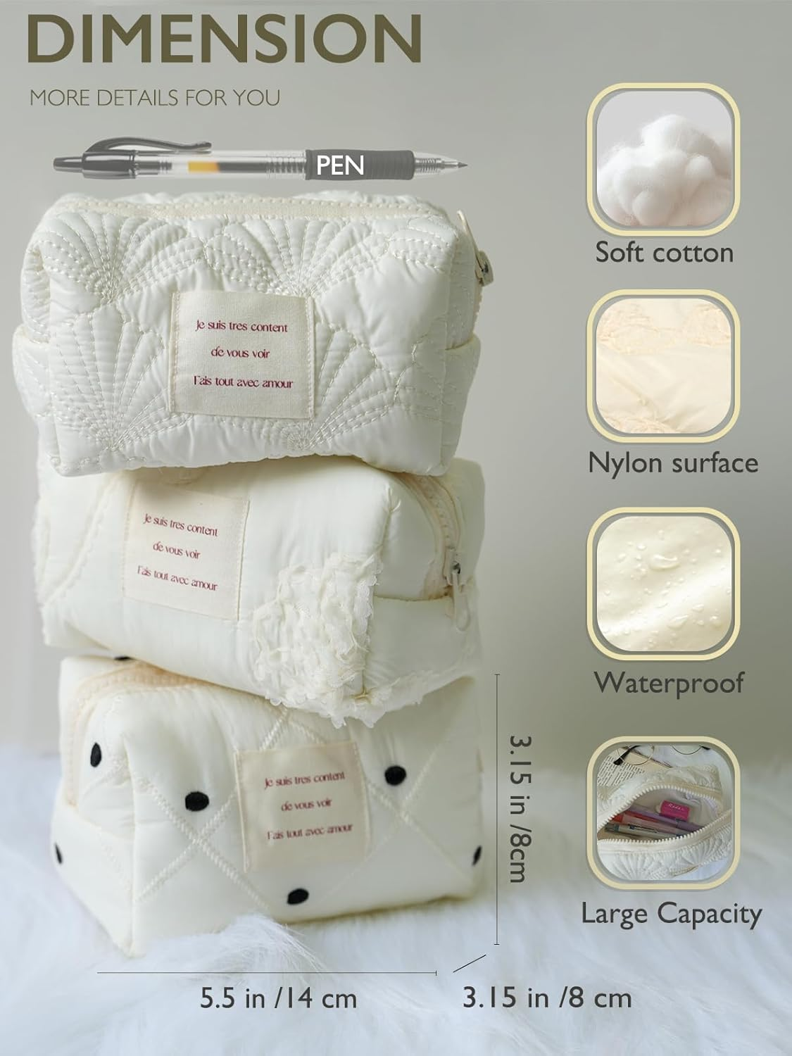 Sminra White Makeup Bag Small Nylon Cotton Quilted Cosmetic Makeup Bag Organizer, Aesthetic Floral Waterproof Portable Pouch Purse Toiletry Bag for Women Girls Travel Accessories, White Lace-S, - White Lace-L image number 4