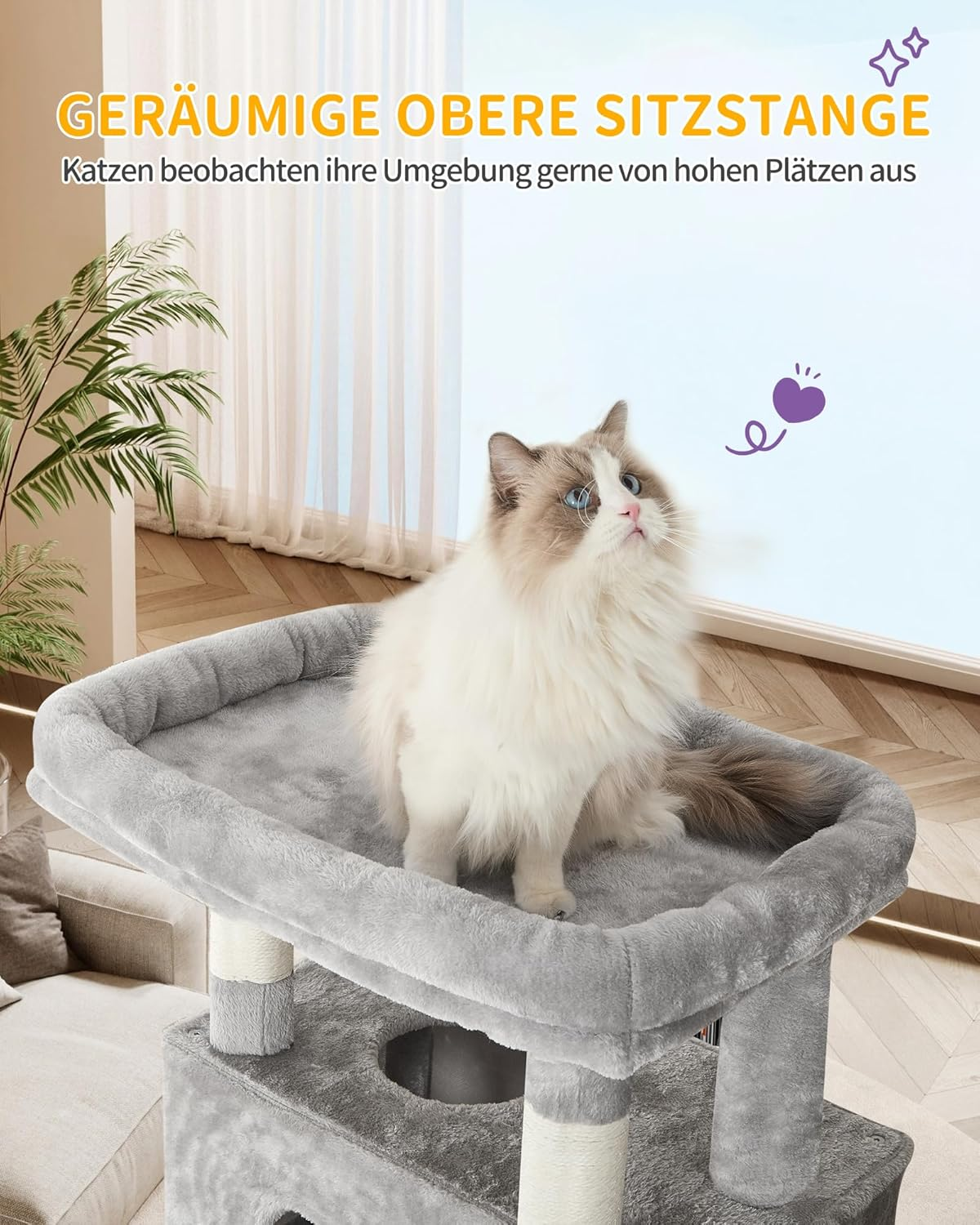 Hzuaneri 170 Cm Cat Tree for Indoor Cats, Large Tall Cat Tower, Multi-Level Cats House with Condo, 8 Scratching Posts, Hammock, 4 Pom Poms, Light Grey MS17018LG image number 3