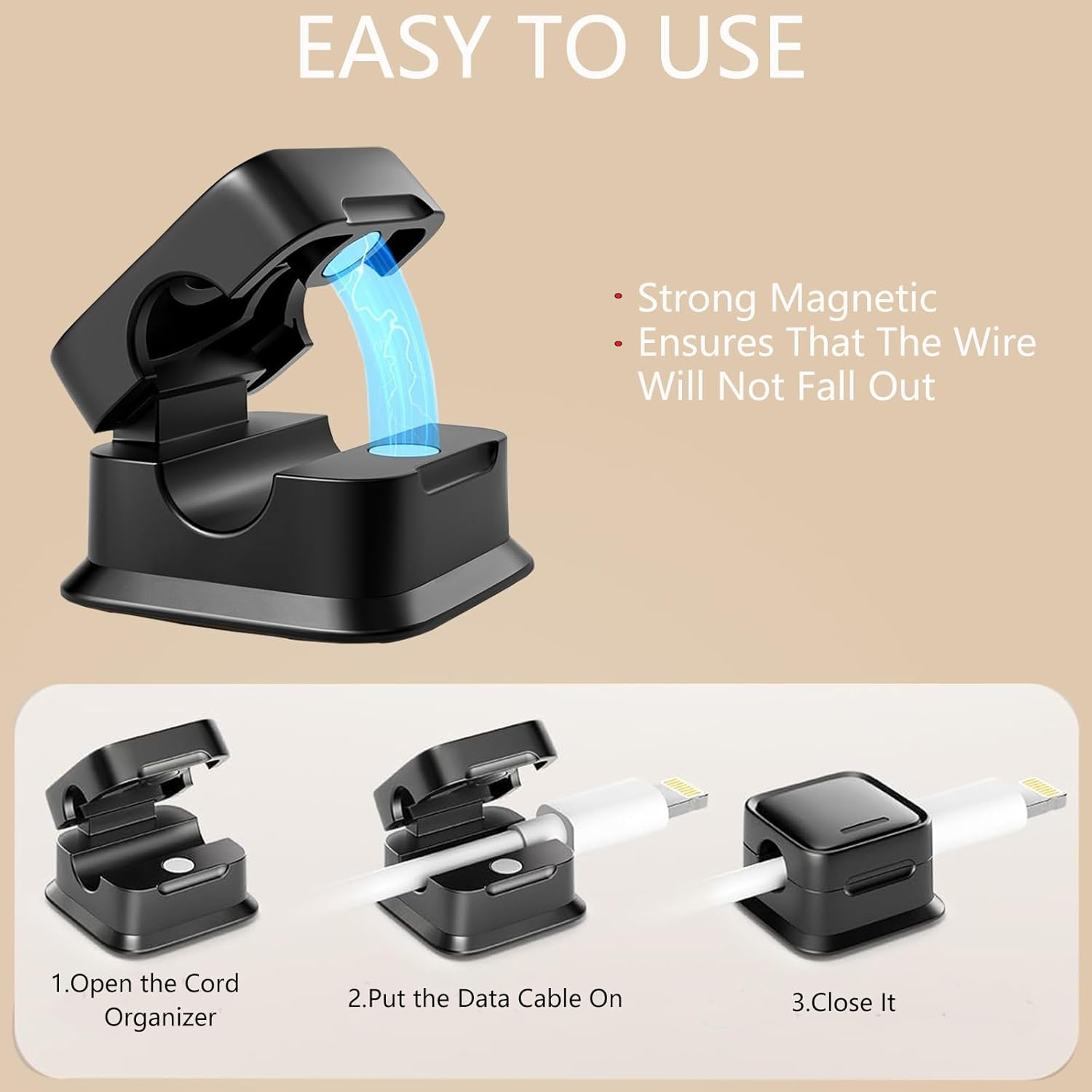 Magnetic Cable Holder,Bonaler Adhesive Cord Organizer Wire Holder Keeper USB Charger Holder for Home,Office,Keep Cables Neat and Tidy,Pack of 6,Black image number 2
