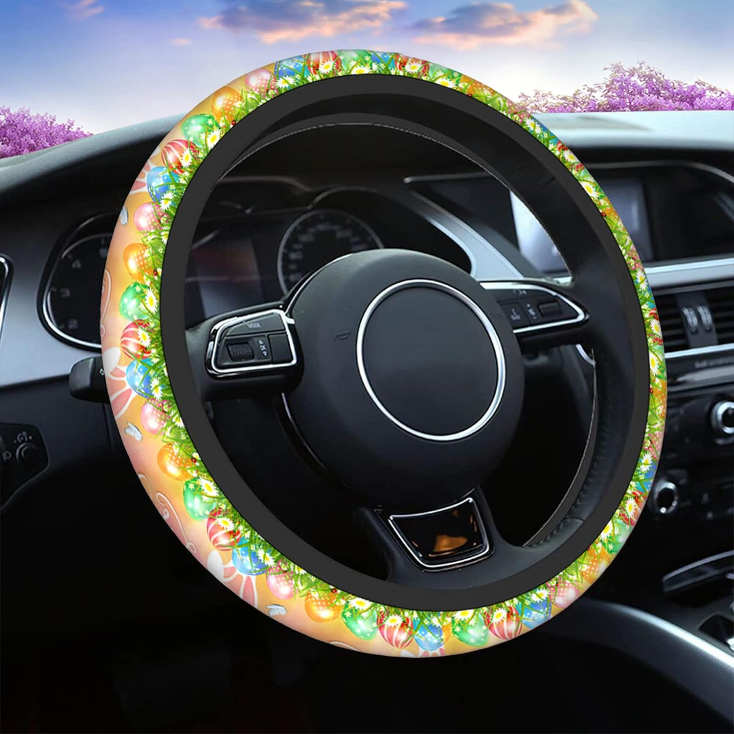 Swono Cow Skin Universal Neoprene Steering Wheel Cover Australian Cow Skin Brown 15 Inch Steering Wheel Covers, Printed Steering Wheel Elastic Protection for Women and Girls