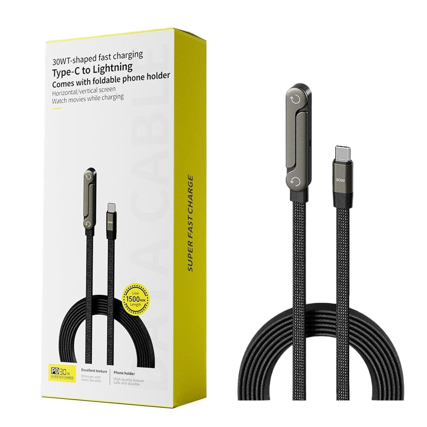 Qkbuza 2-In-1 Invisible Holder Charger Cable with Stand Fast Charging Cord with Built-In Phone Stand 1.5 M Flexible Cord for Smartphones,Tablets,Laptops,Enjoy Hands-Free Video Browsing