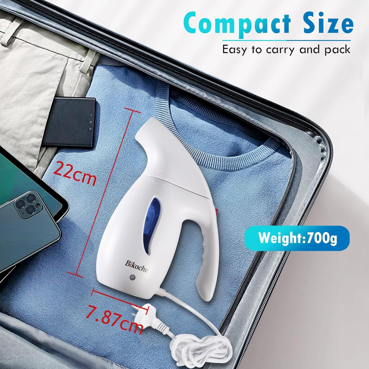 Bikoche Garment Steamer Iron, 4-IN-1 Handheld Steamer for Clothes, Portable Iron Steam, Auto Shut-Off Protection, 180ML - White image number 3
