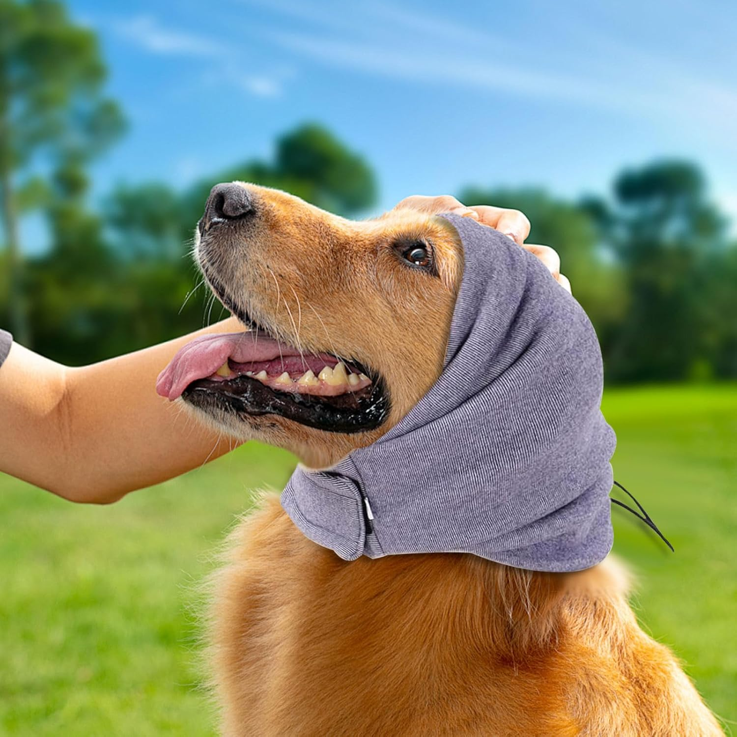 Huakaile 2 Pack Dog Ear Muffs Noise Protection, Calming Dog Snood Hoodie with Hook and Loop, Pet Head Wraps Cover for Winter Anxiety Quiet Hematoma Bath Grooming (M, Gray, Purple) image number 3