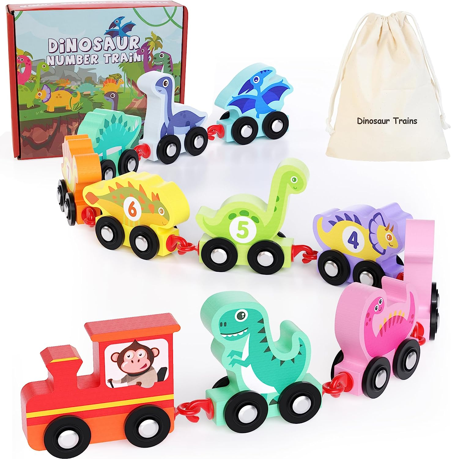 Dinosaur Toys for Toddlers Age 2-4, Wooden Dinosaur Train Set with Playmat/Storage Bag, Montessori Educational Toys for 2+ Years Old Boys & Girls image number 2