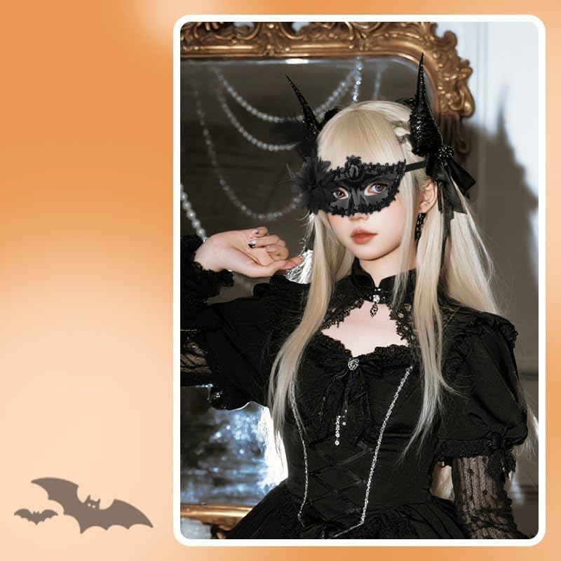 Feather Masquerade Masks for Women Rhinestone Flower Party Mask Black Costumes Lace Eye Mask for Carnivals Halloween Cosplay Masquerade Accesssories image number 3