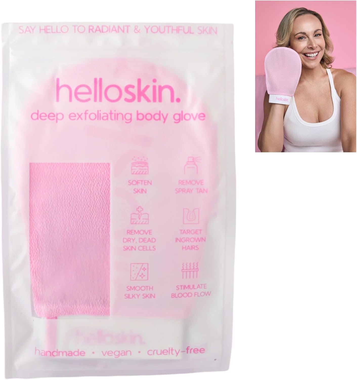Helloskin Exfoliating Glove | Dead Skin Remover and Body Scrubber for Skin Renewal | Exfoliator Mitt for Smooth Skin | Eco-Friendly Self-Tan Removal Glove for Men & Women - Pink - Pink image number 3