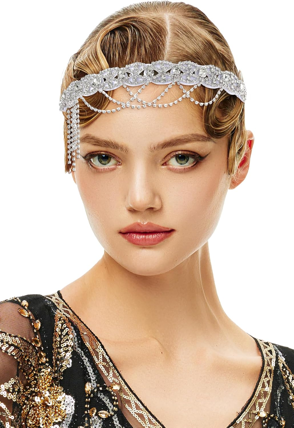 BABEYOND Flapper 1920S Gatsby Headband -20S Vintage Rhinestone Hair Accessories Wedding Prom Hair Chain Headpices for Women Silver
