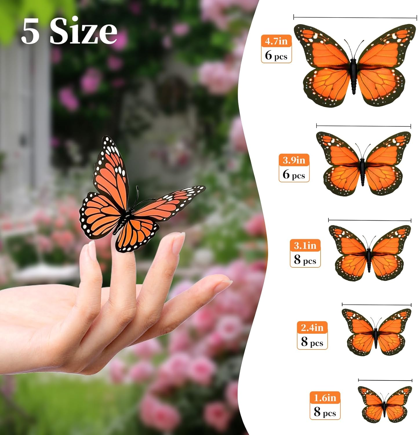 36 Pcs Monarch Butterfly Decoration，5 Size Artificial Fake Butterflies for Dia De Los Muertos Decorations，Day of the Dead Decorations，Ofrenda Decoration for Fall Autumn，Halloween，Party，Wall Decor