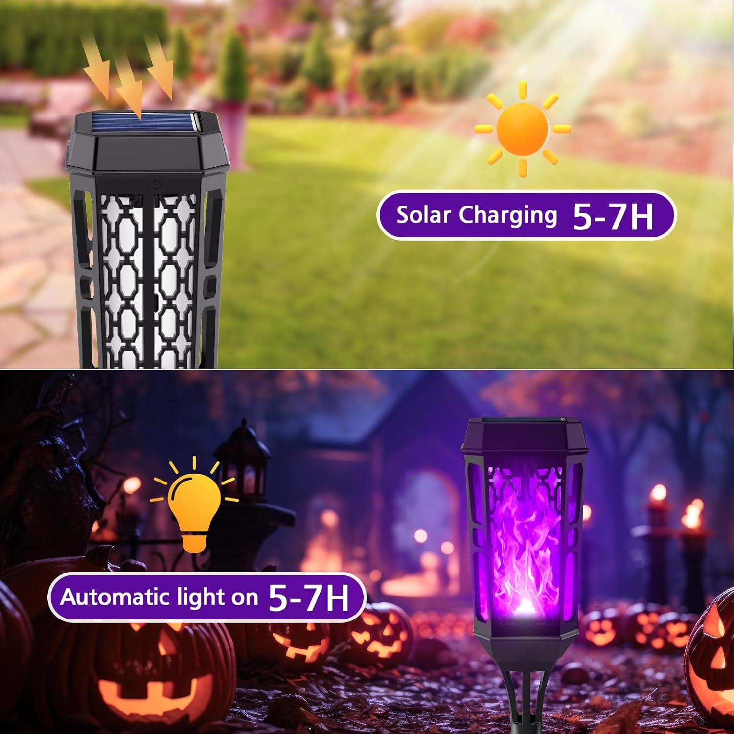 Solar Torch Flame Lights, LED Solar Lights Outdoor with Flickering Flame, IP65 Waterproof Solar Pathway Light Landscape Decoration Lighting for Garden Lawn Patio Yard Outdoor (Black+Purple, 6) image number 4
